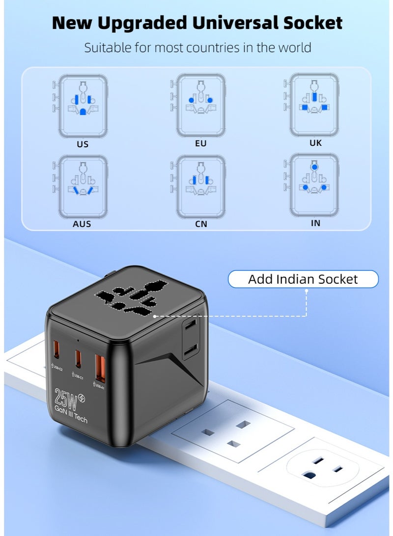 Voltrava Universal Travel Plug Adapter with 2 AC Outlets, PD 25W Fast Charging, Dual USB-C & USB-A Ports – International Multi Plug Power Adapter for Worldwide Travel, Compatible with US UK EU AU Asia – Compact All-in-One Travel Charger - Black - Image 3